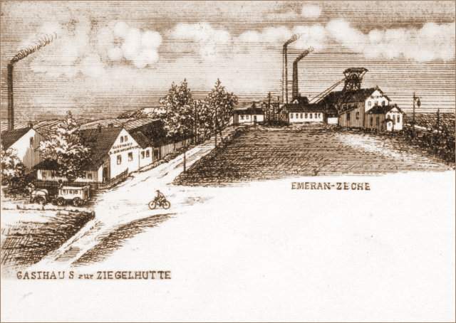 Kresba dolu Emeran a jeho cihelny z přelomu 19. a 20. století.