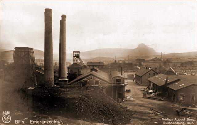 Pohled na důl Emeran s Bořněm v pozadí 1. pol. 20. století.